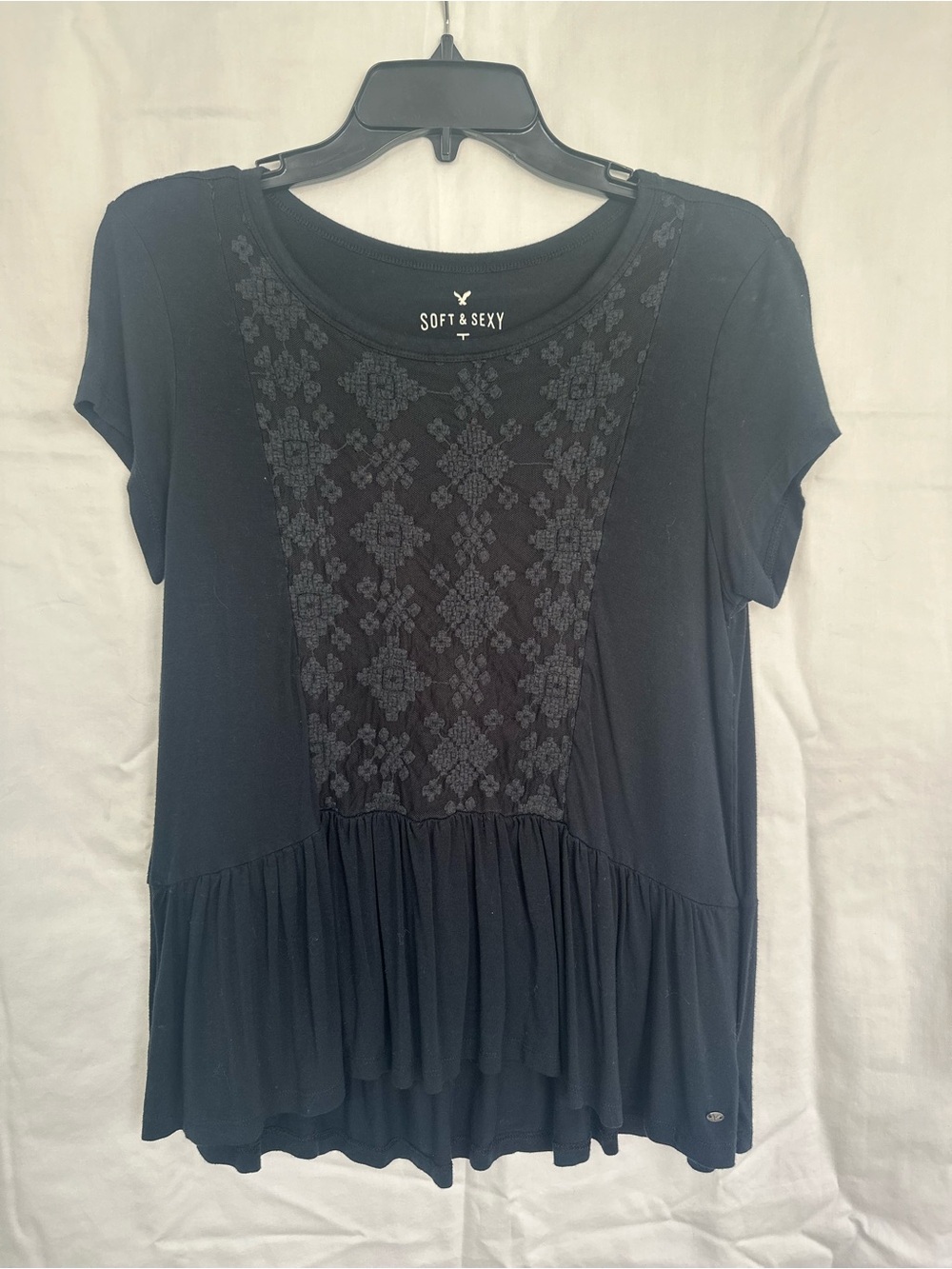 American Eagle Black Short Sleeve Lace-Panel Peplum Top